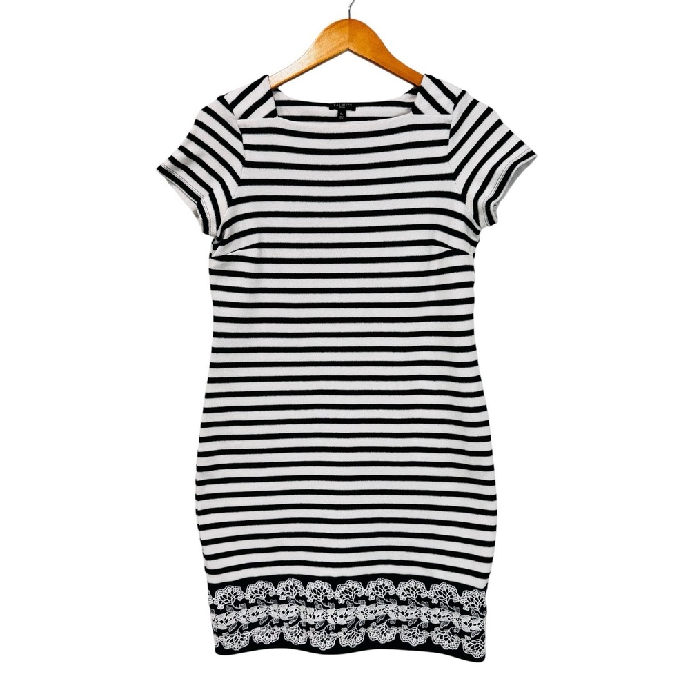 Talbots Petites Dress SP Black White Striped‎ Lace Hem Sheath Stretch Knit